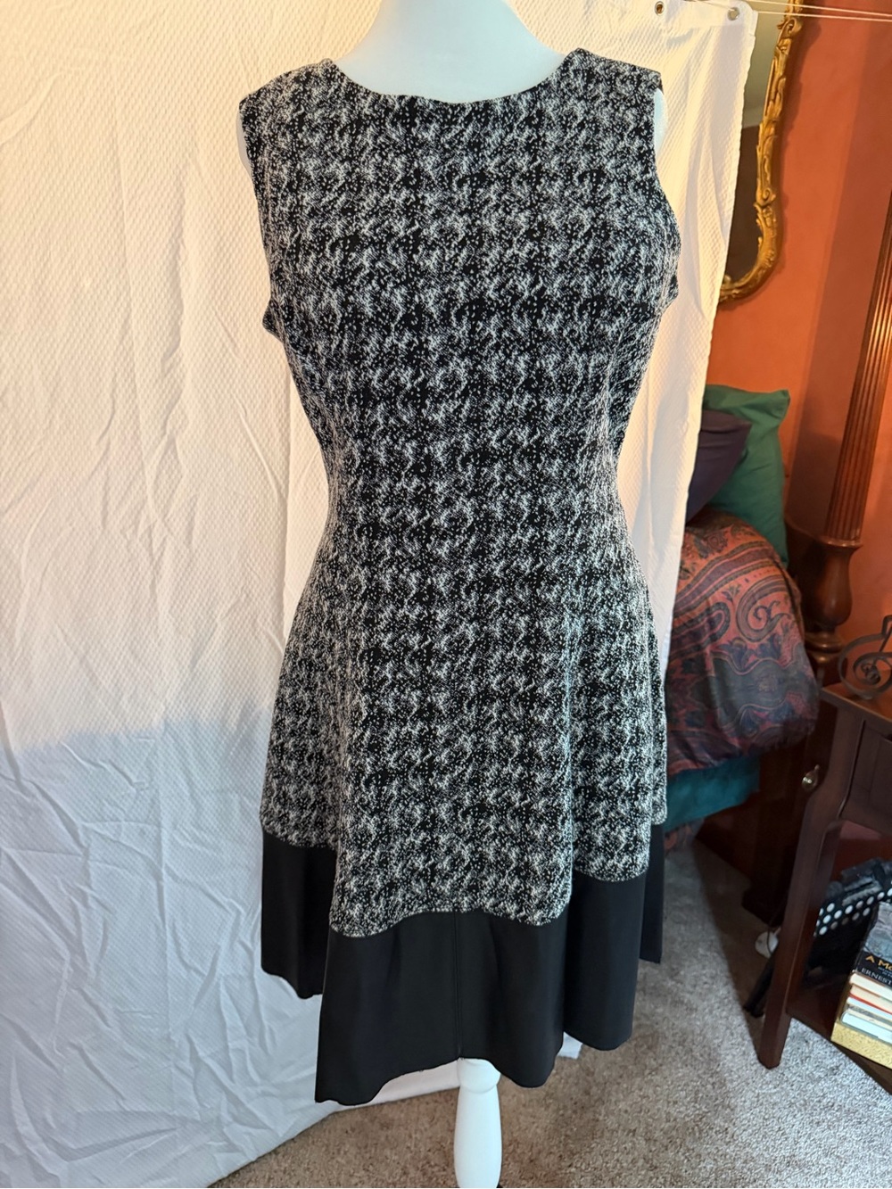 Ralph Lauren Black and Gray Houndstooth Sleeveless Fit-and-Flare Dress